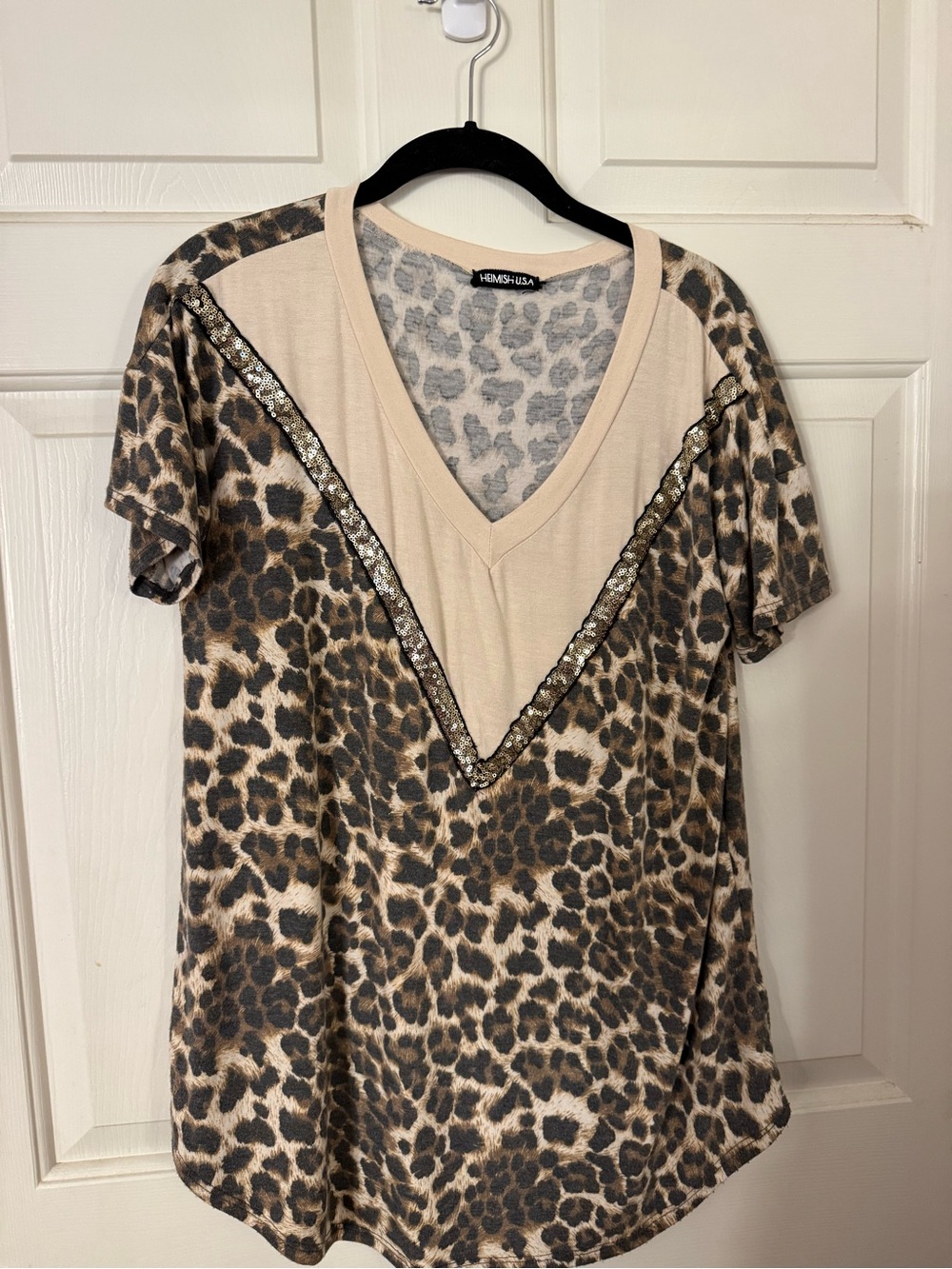 Hemish USA Leopard Print V-Neck Top with Sequin Trim - Beige/Brown